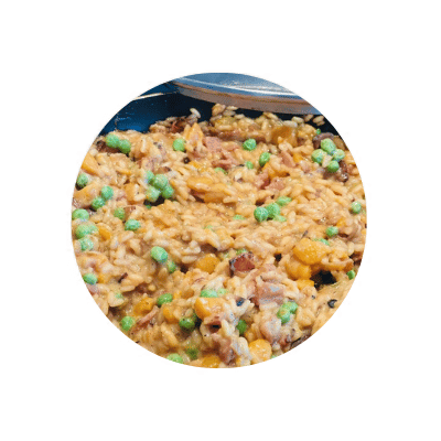 comfort food risotto with Pumpkin, Bacon + Peas