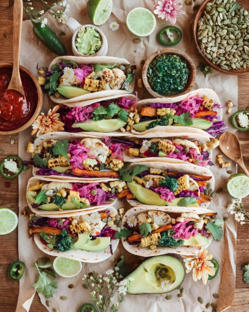 Vegan Rainbow Tacos with Maple BBQ and Chimichurri Sauce
