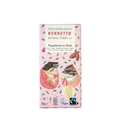 Bennetto Raspberries in Dark Organic Chocolate Block 80g