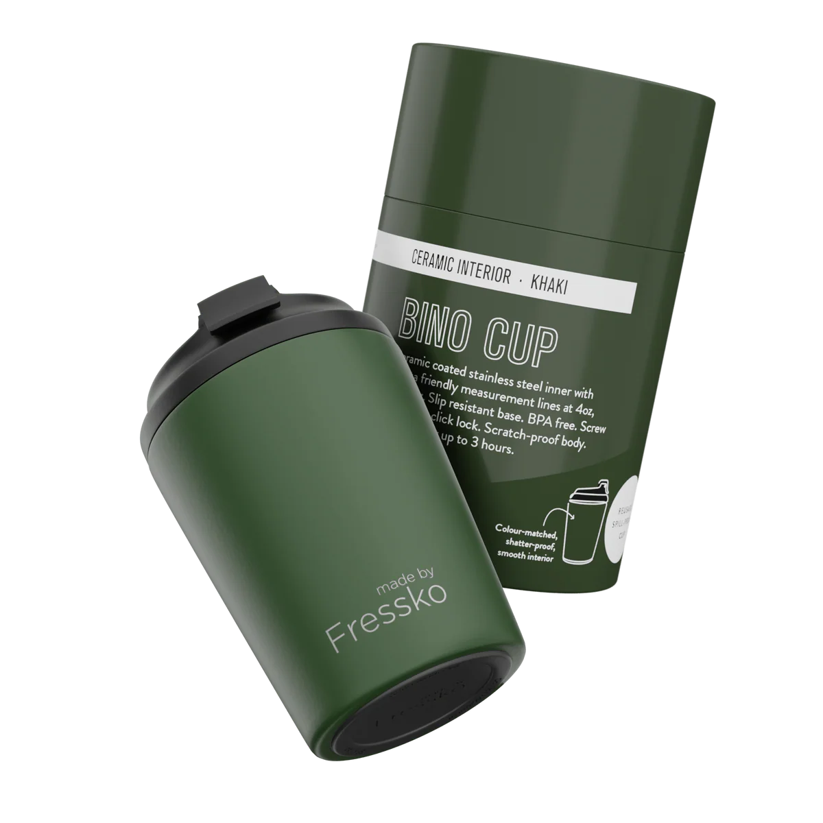 Fressko Bino Reusable Coffee Cup 230mL - Ceramic Lined Khaki